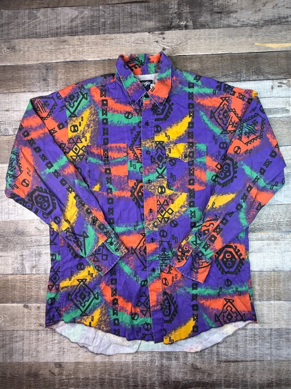Vintage Wrangler Shirt Mens 17-35 X-Long Tails Western Tribal USA Cowboy Cut 90s
